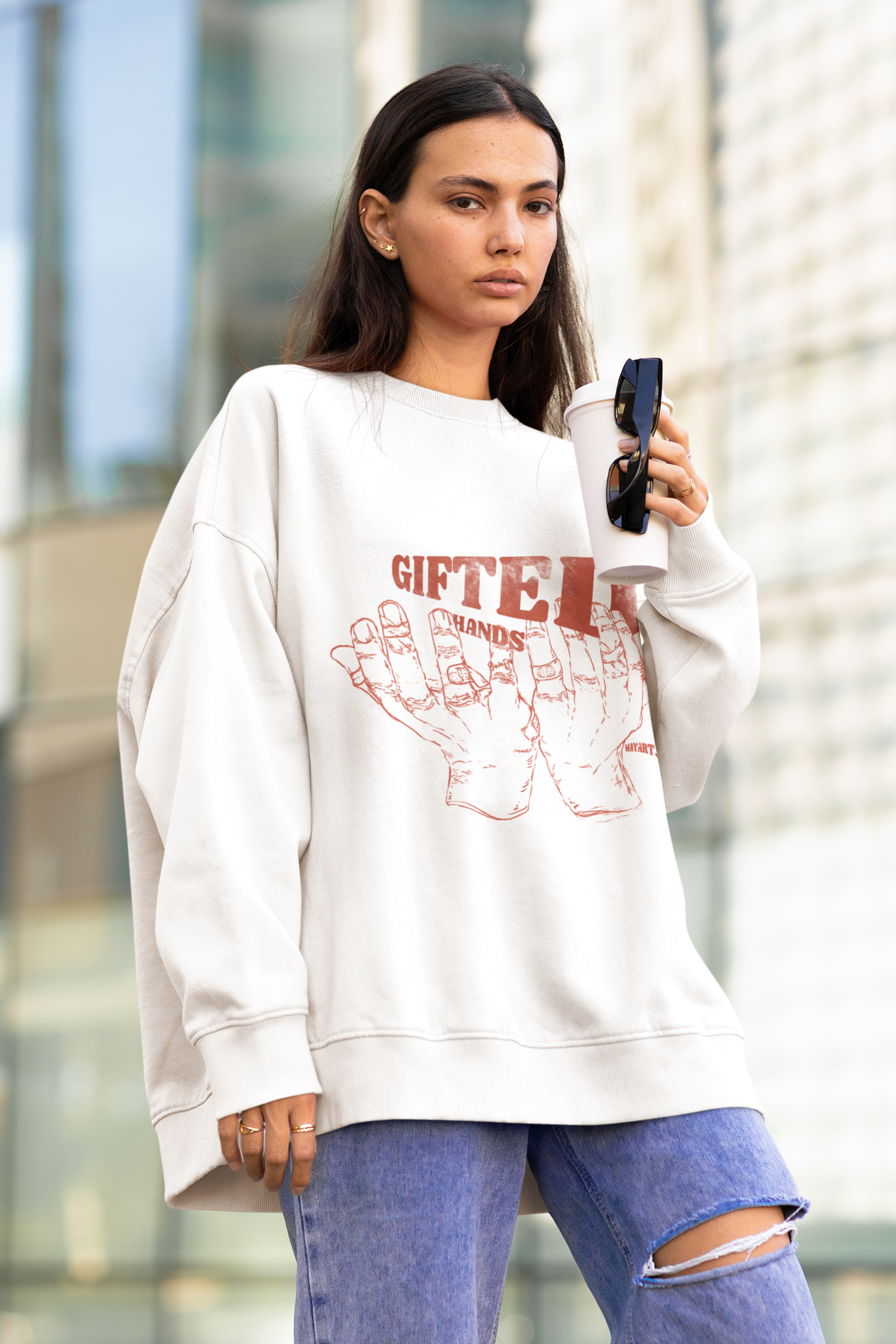 PREMIUM GIFTED HANDS UNISEX SWEATSHIRT (WHITE & RED)